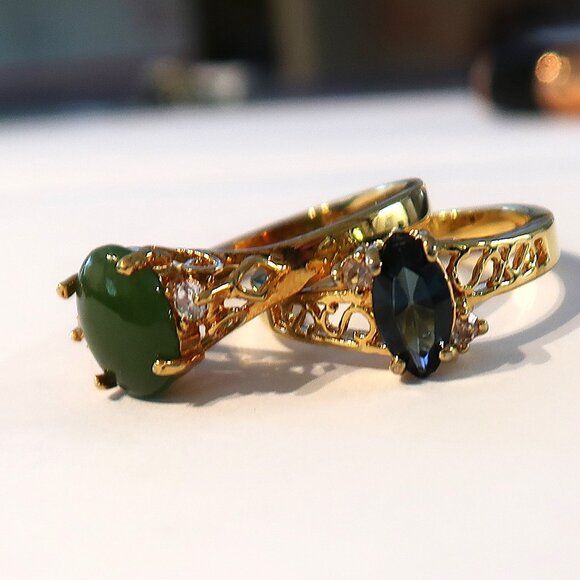 Two Rings Gold Tone Goth Style Blue and Green Stones Size 10 and Size 8.75 - Picture 7 of 7